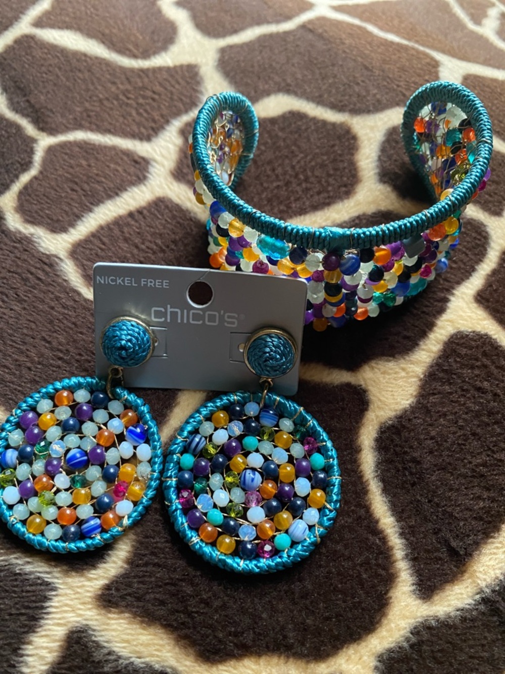 Chico’s Multicolored Beaded Earrings and Adjustable Cuff Bracelet Set